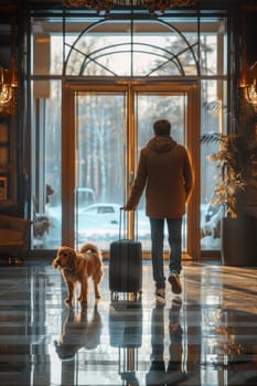 A person with a dog is standing in front of a door with a suitcase. The scene is set in a hotel lobby, and the person is likely waiting for their luggage to arrive. Scene is calm and relaxed