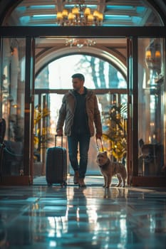 A person with a dog is standing in front of a door with a suitcase. The scene is set in a hotel lobby, and the person is likely waiting for their luggage to arrive. Scene is calm and relaxed
