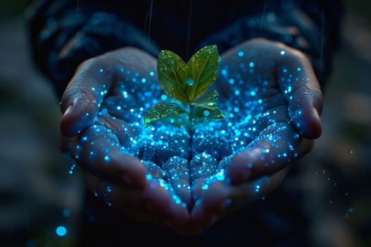 A hand holding a leaf with a futuristic background. Business growth and green energy.