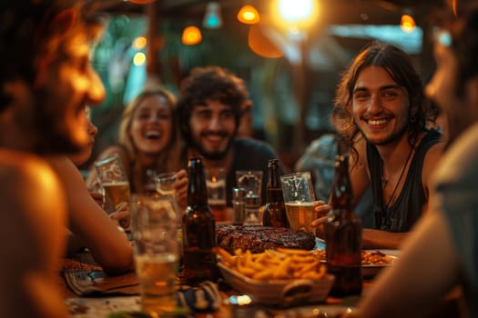 A group of people are sitting around a table with food and drinks, enjoying each other's company