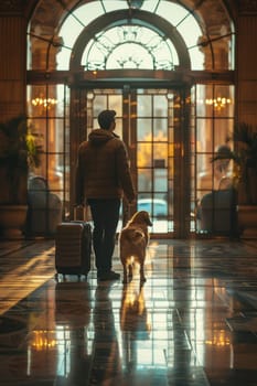 A person with a dog is standing in front of a door with a suitcase. The scene is set in a hotel lobby, and the person is likely waiting for their luggage to arrive. Scene is calm and relaxed