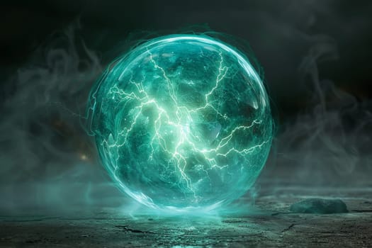 A glowing green orb with a blue aura. The orb is surrounded by smoke and fire, giving it an otherworldly and mysterious appearance