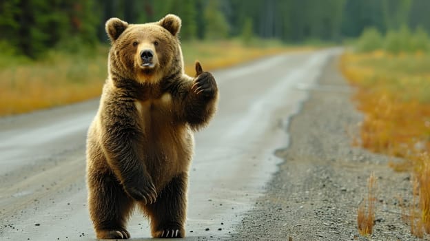 A bear is standing on a road and giving a thumbs up. The bear is in a happy and positive mood, as it is showing approval or satisfaction with the situation