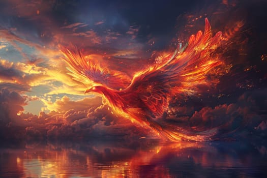 A fiery bird is flying over a body of water, with the sky in the background. The image has a dreamy, ethereal quality, with the bird's wings appearing to be made of fire