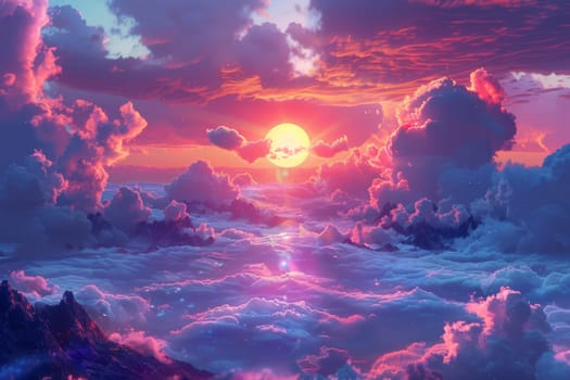 A beautiful sky with a large sun and a lot of clouds. The sky is filled with a mix of pink and purple colors