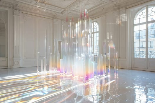 A large chandelier hangs from the ceiling in a large, empty room. The chandelier is made of glass and is illuminated by sunlight streaming in through the windows