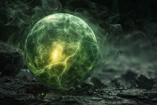 A green glowing orb with a yellow light inside of it. The orb is surrounded by smoke and is on a rocky surface