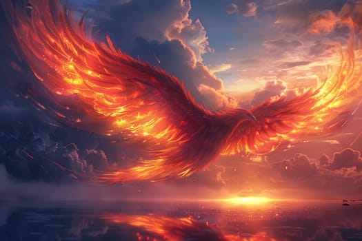 A fiery bird is flying over a calm body of water. The sky is filled with clouds, and the sun is setting, casting a warm glow over the scene. Concept of freedom and beauty