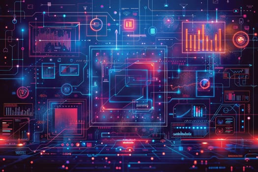 A computer monitor with a lot of colorful icons and numbers. Concept of technology and complexity