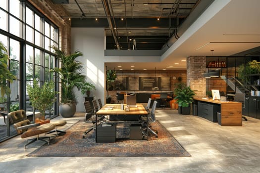 A modern office space with a lot of greenery and natural light. The room is filled with various chairs, desks, and potted plants. The atmosphere is bright and inviting