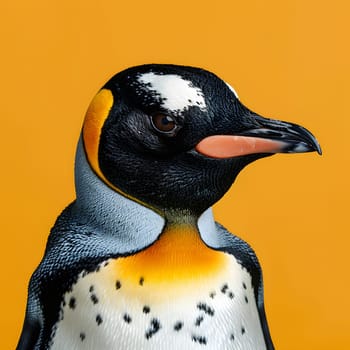 A closeup image of a King penguin, a flightless bird and waterfowl organism, with its distinctive black and white plumage, beak, and flipper, against a bright yellow background