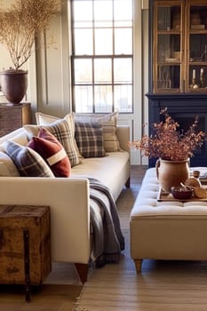 Modern cottage Interior design, autumnal home decor, sitting room and living room, sofa and furniture in English country house and elegant countryside style interiors