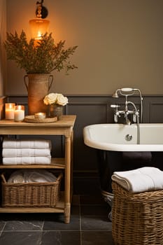 Cottage bathroom decor, interior design and wicker home decor and candles, bathtub and bathroom furniture, English country house and countryside style interiors