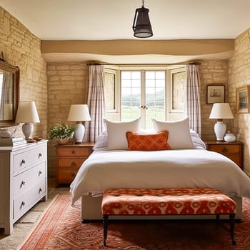 Cottage style bedroom decor, interior design and home decor, bed with elegant bedding and bespoke furniture, English country house or holiday rental interiors