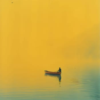 A man is rowing a boat on a tranquil lake with a yellow sky at sunrise, creating a picturesque landscape with the horizon reflecting on the liquid water