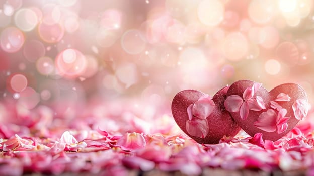 Two red hearts are placed delicately on top of a mound of various colored petals. The hearts and petals create a romantic and tender scene.