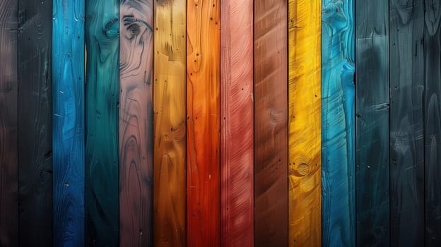 A close-up view showcasing a series of wooden planks, each painted in a distinct color of the rainbow, creating a vivid backdrop that symbolizes LGBT pride. The colors transition seamlessly from one to the next, displaying the unity and diversity of the LGBT community.