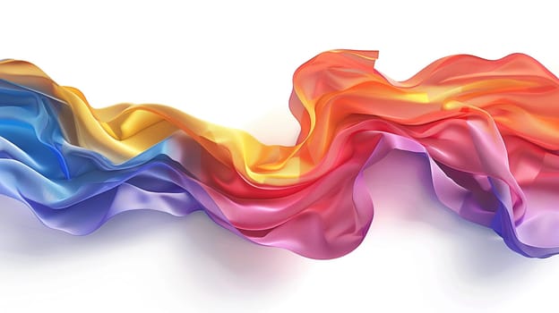 A wave of fabric in vibrant rainbow colors flows gracefully across a plain white background. The fabric forms a beautiful arch, showcasing the colors of the LGBT pride flag.