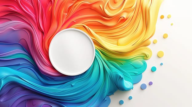 A vivid display of multicolored paint flows across a surface, resembling a rainbow, symbolizing LGBT pride. The colors blend seamlessly, creating a fluid spectrum with a circular white space in the center, suggesting inclusivity and unity.