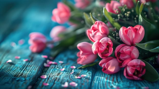 A bunch of pink flowers resting on top of a vibrant blue table, creating a striking contrast in colors. The flowers are neatly arranged and add a touch of elegance to the scene.