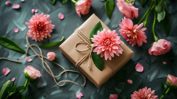 A tastefully wrapped present, adorned with a neat twine bow and flanked by lush pink flowers and green leaves, conveys appreciation and love on Mothers Day. The richness of the blooms and the contemporary, yet classic, presentation of the gift embody the celebrations warmth and gratitude.