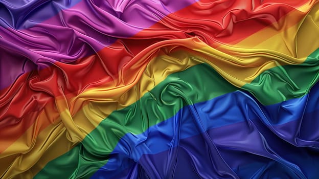 A full-frame close-up captures the rich colors and dynamic ripples of a Rainbow Pride Flag, symbolizing LGBT diversity and unity. The flags fabric showcases the movement, reflecting a moment of celebration and solidarity.