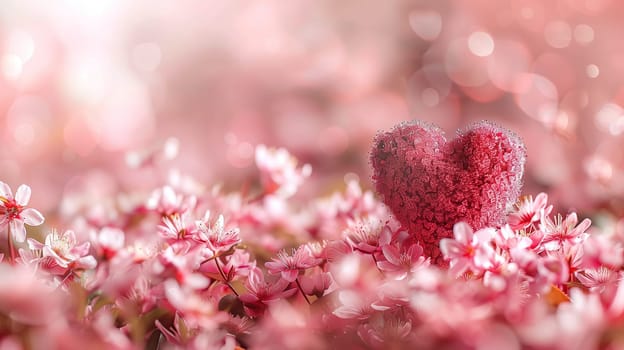A red sparkly heart is nestled among delicate pink blossoms, representing love and appreciation on International Mothers Day. The heart stands out as a symbol of affection on this special day celebrated worldwide to honor mothers and motherhood.