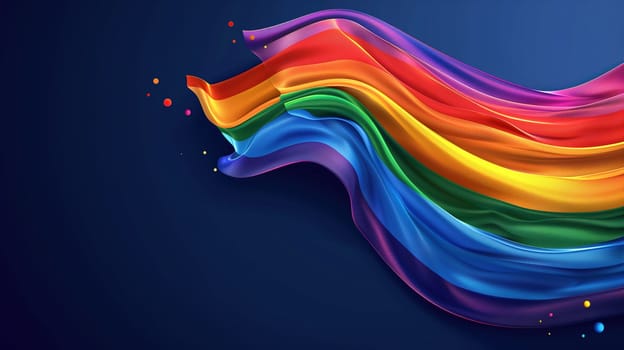 A colorful and flowing rainbow flag representing LGBT pride cascades gracefully against a deep blue backdrop. The fabric appears to be mid-movement, creating a dynamic sense of freedom and diversity.