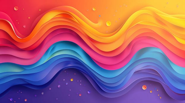 A colorful artistic representation of the LGBT pride flag transformed into a series of flowing waves. The undulating pattern moves from warm reds and oranges through the full spectrum of a rainbow, ending in cool blues and purples, symbolizing inclusivity and the variety of the LGBT community. Bubbles and specks add a dynamic, lively quality to the piece.