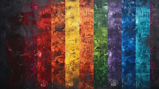A wall is adorned with a rainbow spectrum, using bold and saturated colors to represent LGBT pride. The painting features textured red, orange, yellow, green, blue, and purple vertical stripes, symbolizing the diversity and unity within the LGBTQ+ community.