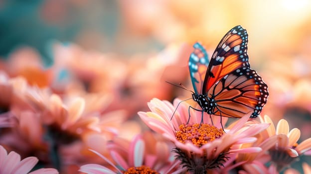 A butterfly is perched delicately on top of a pink flower, showcasing its vibrant wings and intricate details. The flowers petals provide a vibrant backdrop, creating a striking contrast with the butterflys colorful presence.