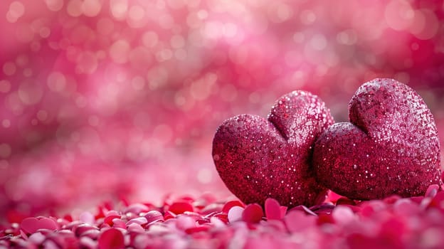 Two heart shaped cookies placed on top of a heap of heart shaped decorations. The cookies stand out against the red and pink hearts.