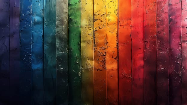 A spectrum of vivid rainbow colors streaks down a wet, reflective surface, symbolizing the diversity and vibrancy of the LGBT community. The droplets of water add texture and depth, enhancing the overall visual representation of pride and inclusivity.