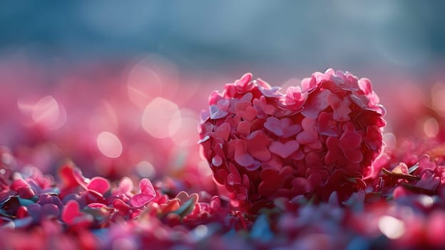 A heart-shaped object is placed in the middle of a vast field, creating a stark contrast against the green grass and blue sky. The field is empty, emphasizing the solitary nature of the object.