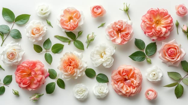 A cluster of pink and white flowers is neatly arranged on a smooth white surface. The bright colors of the flowers contrast beautifully with the clean background.