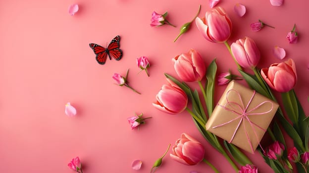 A vibrant pink background adorned with a beautifully wrapped gift box and delicate pink tulips. The gift box sits elegantly next to the blooming tulips, creating a charming and celebratory scene.