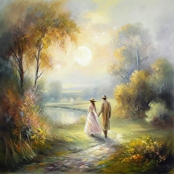 Oil style fine art painting of romantic vintage couple in the English countryside, country nature in soft pastel colours, evoking a sense of love and natural beauty, printable art design