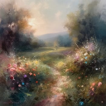 Oil style fine art painting of the English countryside, depicting romantic floral meadow, flowers field in soft pastel colours, evoking a sense of tranquility and natural beauty, printable art design