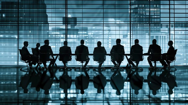 A group of silhouetted business professionals are seated at a conference table against the backdrop of a cityscape seen through a large window, engrossed in a meeting as the evening light fades from the sky.