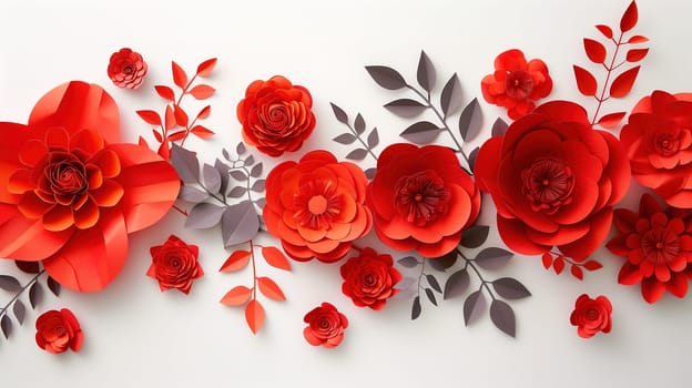 A cluster of vibrant red paper flowers placed against a simple white background, creating a striking contrast in colors. The flowers are delicately crafted and arranged neatly.