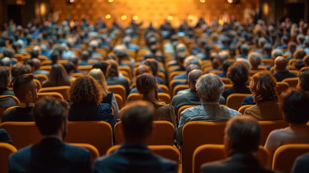 A large group of diverse individuals are seated in rows within an auditorium, listening attentively to a speaker or presentation. The room is filled with anticipation and engagement as the audience absorbs the information being shared.