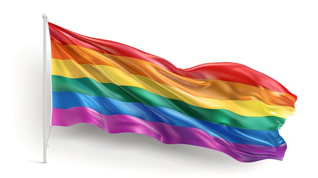 A brightly colored rainbow flag is captured in motion, representing LGBT pride and diversity. The flag, with its iconic stripes in red, orange, yellow, green, blue, and purple, waves elegantly, symbolizing support for equality and the celebration of the LGBT community.