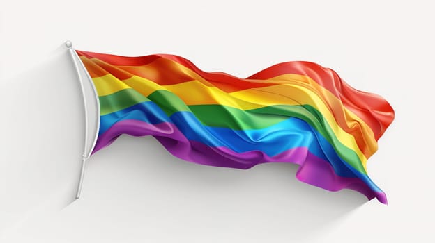 A rainbow flag, symbolizing LGBT pride, flutters in the wind against a clear blue sky. The colors of the flag stand out brightly and proudly.