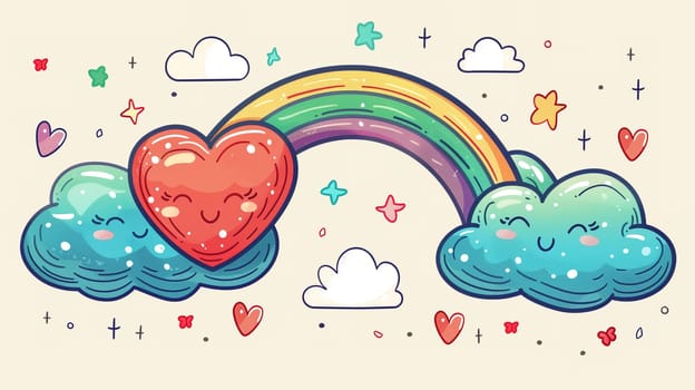 A whimsical and vibrant drawing showcases a smiling red heart at the center of a rainbow arching between two joyful blue clouds, symbolizing unity and the diversity celebrated during LGBT pride. The sky is decorated with small hearts, stars, and playful doodles, adding to the cheerful and inclusive theme.