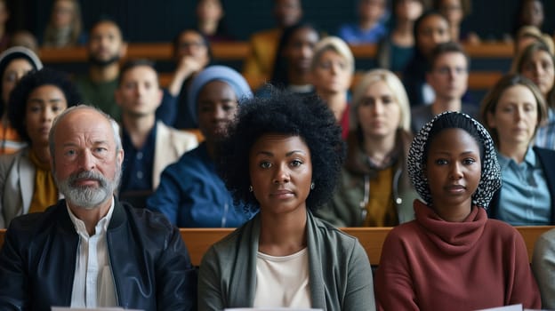 A group of individuals are gathered together, sitting closely next to each other, engaged in a business meeting or discussion. They appear attentive and focused on the conversation taking place.