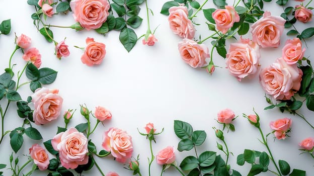 A bunch of pink roses, vibrant in color, are arranged neatly on a plain white background. The roses are blooming and full of petals, creating a beautiful and elegant display.
