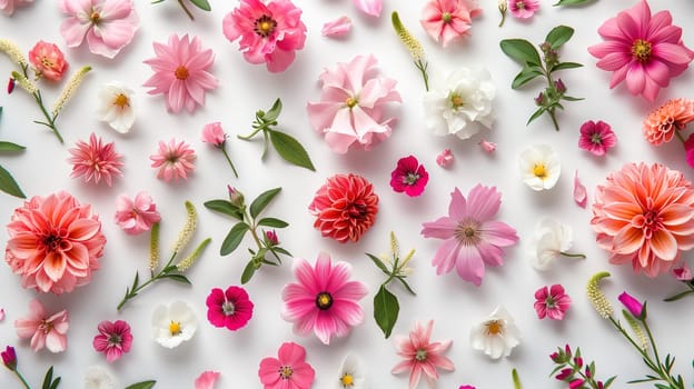 A cluster of pink and white flowers carefully arranged on a clean white surface. The flowers are in full bloom, showcasing their delicate petals and vibrant colors in a simple yet elegant display.