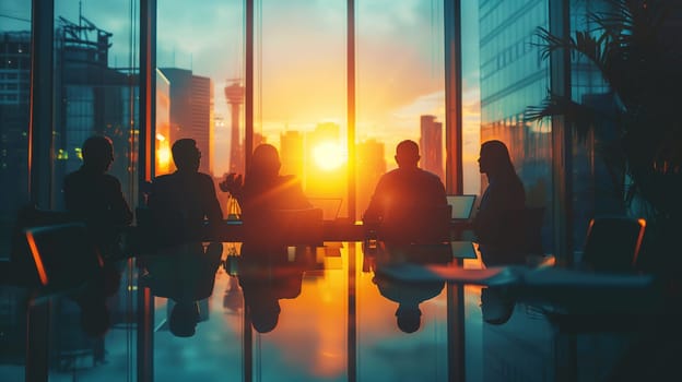 A diverse group of professionals is having a meeting around a wooden table positioned in front of a large window. They are engaged in discussions, sharing ideas, and looking at documents.