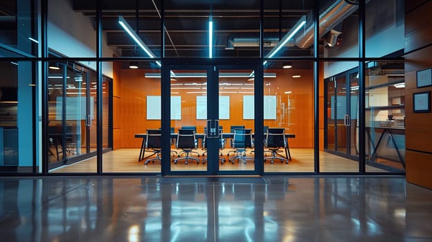 The view inside a contemporary office space features glass partition walls, a central meeting area with chairs arranged around a table, and warm ambient lighting. The setting evokes a sense of tranquility and professionalism within a corporate environment as evening approaches.