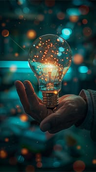 A person holds a sparkling light bulb on their palm, its glow illuminating the surrounding magical bokeh lights.